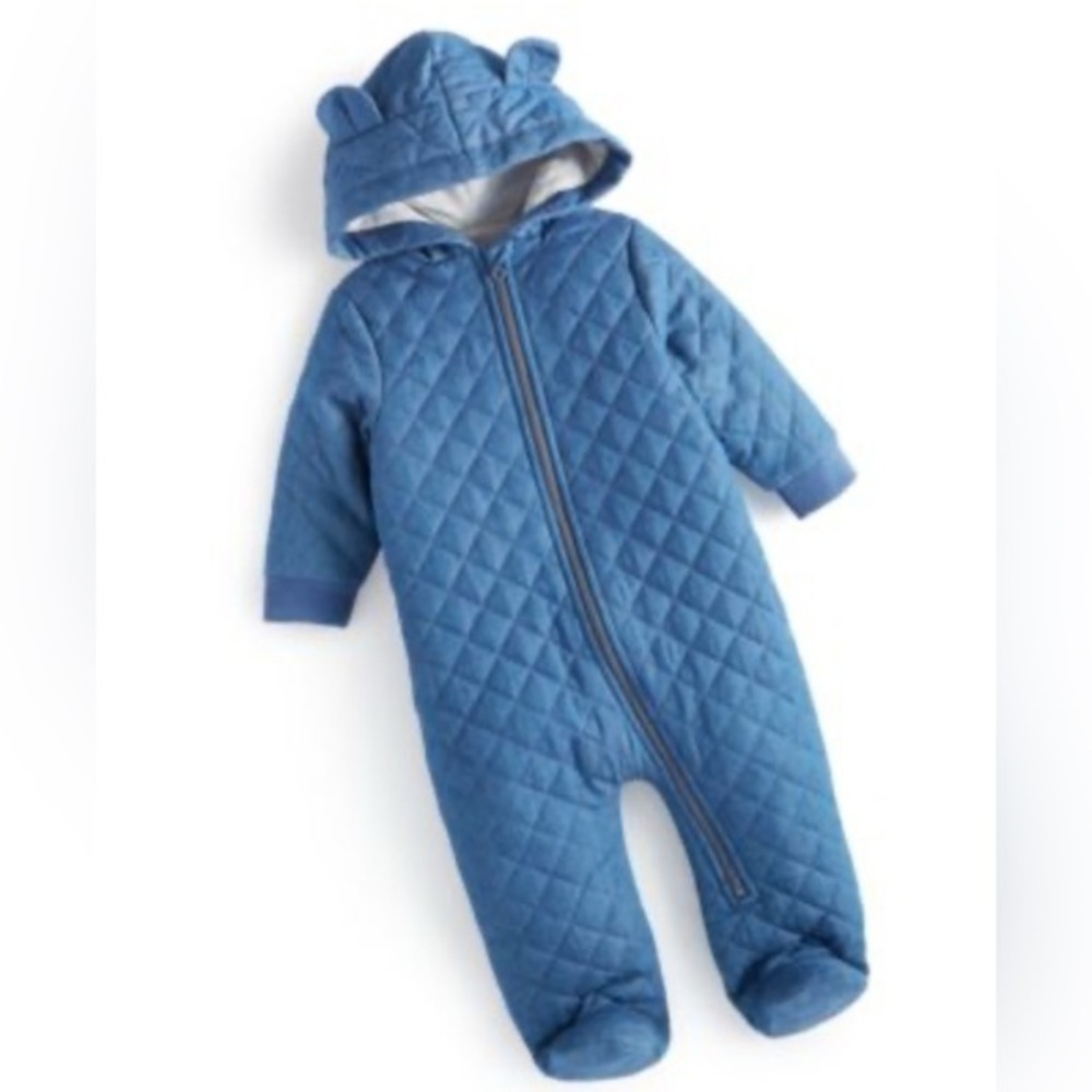 First Impressions Kids Baby Boy Blue Quilted Denim Snowsuit Ears NWT 12 M #2311